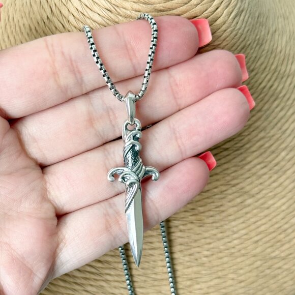 David Yurman Silver Men's Waves Dagger Pendant Amulet & Box Chain 19''-20''